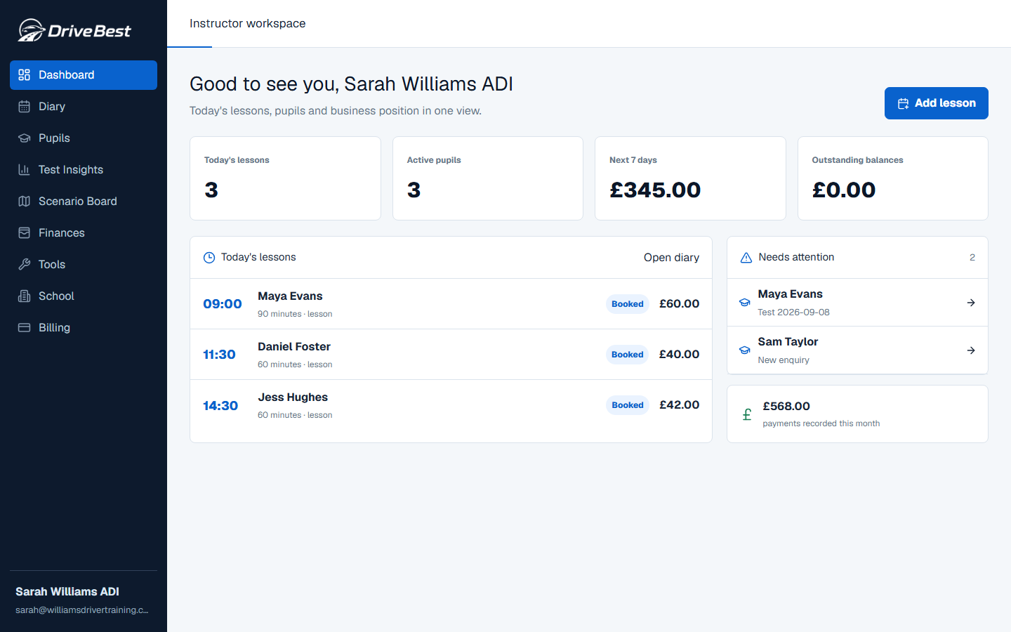 The DriveBest instructor dashboard